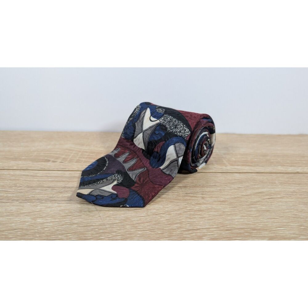 Vintage 80s 90s Royal Knight Abstract Geometric Tie Maroon Blue Gray Polyester